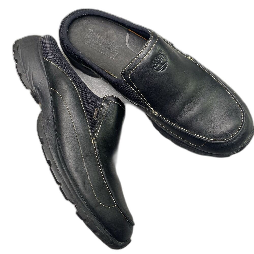 Timberland Smart Comfort Leather Mules Womens 8 Slides Slip-On Stretch Black
